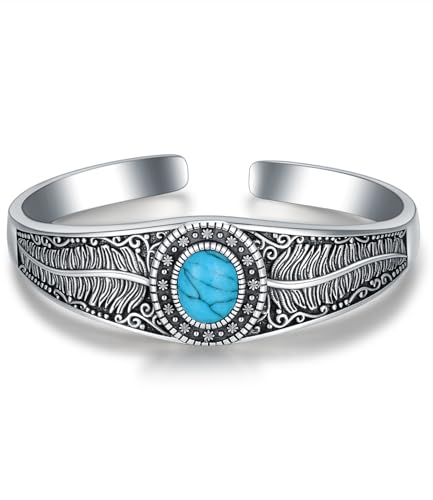 WSX 925 Sterling Silber Türkis Armband Damen Herren Handgefertigter Feder Bangle Cuff Native American Verstellbarer Schmuck 6,5 7 7,5 Zoll von WSX
