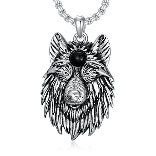 WSX 925 Sterling Silber Wolfshalskette für Männer Wikinger Runen Anhänger mit Kette Oxidiert Nordische Mythologie Therianischer Kopf von WSX