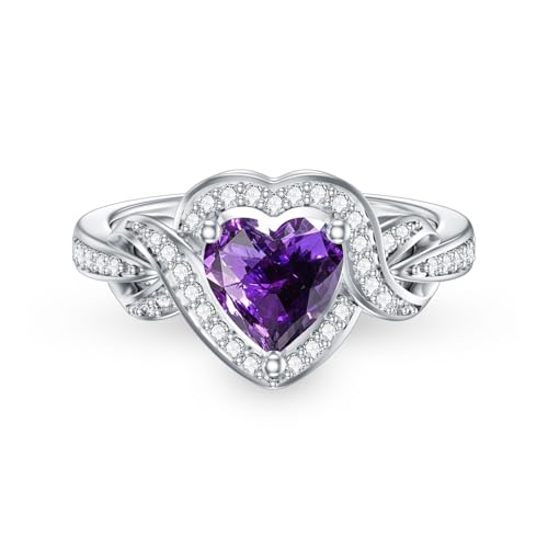 WSX Amethyst Versprechensring für Damen, 6,5mm herzförmiger Unendlichkeits natürlicher Amethystring, 925er Sterlingsilber Größe 7 von WSX