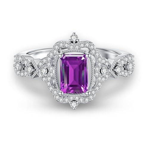 WSX Amethyst Versprechensring für Damen, Vintage-inspiriert, 925er Sterlingsilber, 1,32 Cttw Smaragdschliff natürliche Amethystringe Größe 7 von WSX