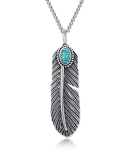 WSX Anhänger mit echtem Türkis im Native American Stil - 925 Sterling Silber Feder-Anhänger als Western-Boho-Schmuck für Mutter/Ehefrau von WSX