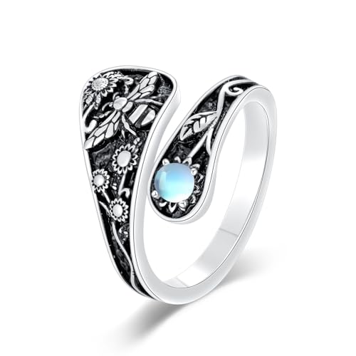 WSX Biene Insekt Tier Löffel Antik Ring Sterlingsilber Vintage Verstellbarer Insekt Mondstein Ring für Damen Größe 8 von WSX