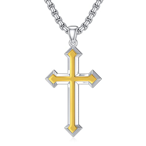 WSX Christliche Kreuz Halskette für Männer 925 Sterling Silber Kreuz Anhänger Gelb Emailliert Zwei-Ton Katholisch mit 22+2" Kette von WSX