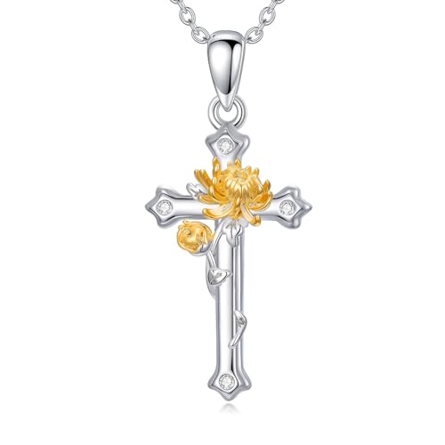 WSX Chrysanthemen-Kreuzkette für Damen mit Diamanten für Frauen, 925er Sterlingsilber WSX Chrysanthemen-Kreuzkette für Damen mit Diamanten für Frauen, 925er Sterlingsilber von WSX