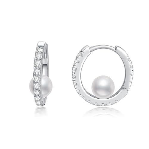 WSX Creolen aus Silber mit 6 mm runder weißer Perle und glänzendem Moissanit für Damen, klassisch und elegant von WSX