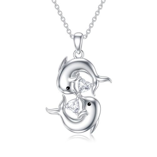 WSX Delphin April Geburtsstein Halskette 925 Sterling Silber doppelter Delphin Anhänger mit April Kristallen Valentinstag Muttertag Geburtstag Schmuck für Frauen von WSX
