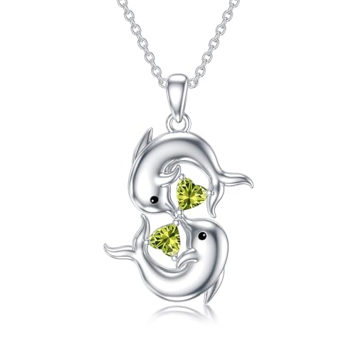 WSX Delphin August Geburtsstein Halskette 925 Sterling Silber doppelter Delphin Anhänger mit August Kristallen Valentinstag Muttertag Geburtstag Schmuck für Frauen von WSX