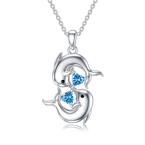 WSX Delphin Dezember Geburtsstein Halskette 925 Sterling Silber doppelter Delphin Anhänger mit Dezember Kristallen Valentinstag Muttertag Geburtstag Schmuck für Frauen von WSX