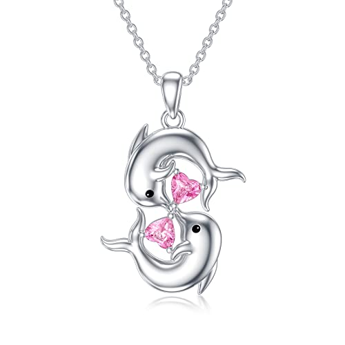 WSX Delphin Oktober Geburtsstein Halskette 925 Sterling Silber doppelter Delphin Anhänger mit Oktober Kristallen Valentinstag Muttertag Geburtstag Schmuck für Frauen von WSX