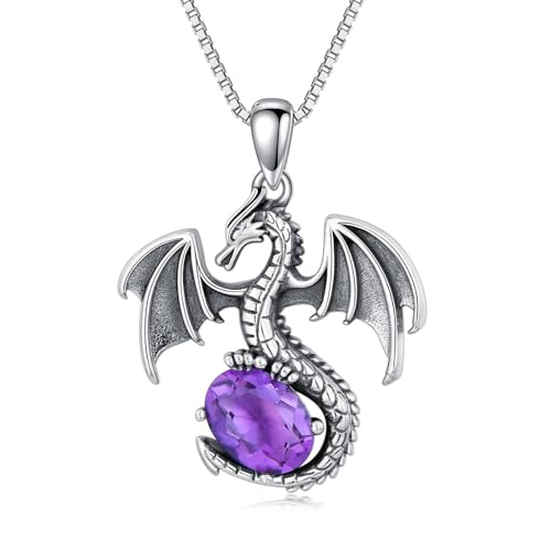 WSX Drachen Amethyst Anhänger Halskette Sterlingsilber Oxidiert Vintage Drachenschmuck mit Ovalem Amethyst für Frauen Weihnachtsgeburtstagsgeschenk von WSX