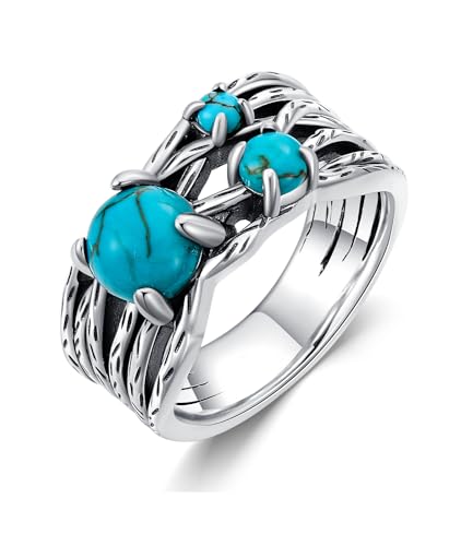 WSX Echte Damen Türkis Highway Ringe mit 3 Edelsteinen 925 Sterling Silber Native American Schmuck mit breitem Band für Mutter Ehefrau Größe Q von WSX