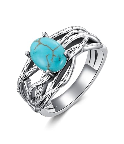 WSX Echte Türkis Highway Ringe für Damen 925 Sterling Silber Echter Stein Native American Ring mit breitem Band Schmuck für Mutter Ehefrau Größe O von WSX