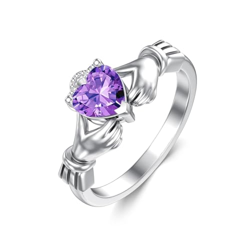 WSX Echter Amethystring für Damen, Sterlingsilber Claddagh Design natürliches Herz Amethyst Irischer Schmuck Geschenk für Mutter, Ehefrau, Freundin Größe 9 von WSX