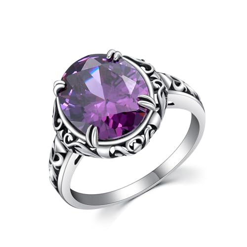 WSX Echter Amethystring für Damen, Sterlingsilber Retro-Design natürlicher ovaler Amethyst Edelstein Schmuck Geschenk für Frauen, Mutter, Ehefrau, Freundin Größe 6 von WSX