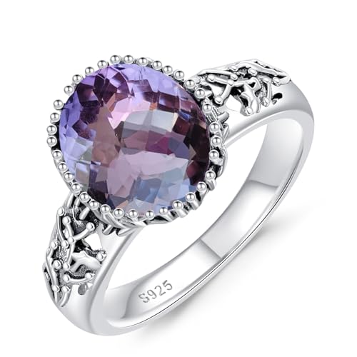 WSX Echter Amethystring für Damen, Sterlingsilber ovaler Edelstein Native American Schmuck Geschenk für Frauen, Mutter, Ehefrau, Freundin Größe 9 von WSX