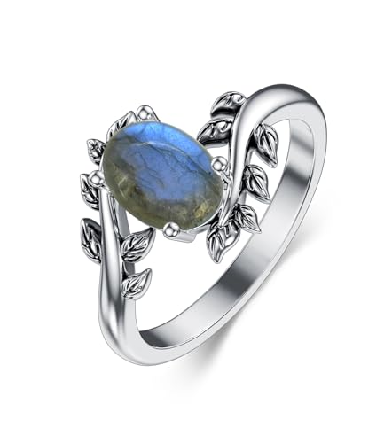 WSX Echter Labradorit Damenring, Western Oval Edelstein Schmuck 925 Sterling Silber Blatt Bohemian Boho für Sie Ehefrau Mutter Größe S WSX Echter Labradorit Damenring, Western Oval Edelstein Schmuck 925 Sterling Silber Blatt Bohemian Boho für Sie Ehefrau Mutter Größe S von WSX