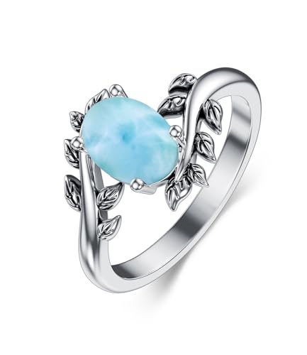 WSX Echter Larimar Damenring, Western Oval Edelstein Schmuck 925 Sterling Silber Blatt Bohemian Boho für Sie Ehefrau Mutter Größe V1/2 von WSX