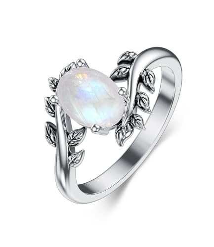 WSX Echter Mondstein Damenring, Western Oval Edelstein Schmuck 925 Sterling Silber Blatt Bohemian Boho für Sie Ehefrau Mutter Größe Q von WSX