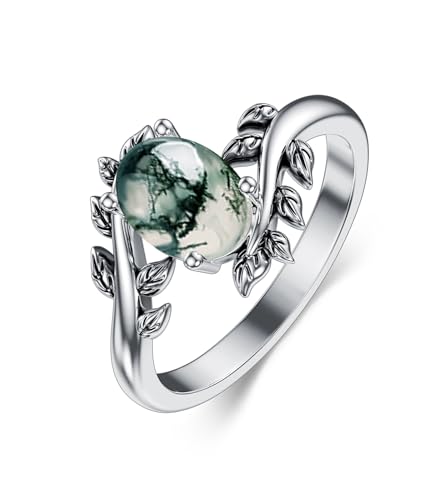 WSX Echter Moosachat Damenring, Western Oval Edelstein Schmuck 925 Sterling Silber Blatt Bohemian Boho für Sie Ehefrau Mutter Größe M von WSX