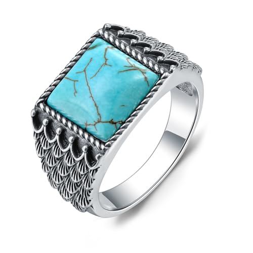 WSX Echter Quadratischer Türkis Ring für Herren 925 Sterling Silber 11MM Natürlicher Echter Edelstein Ring Vintage Feder Schmuck für Ihn Ehemann Größe S von WSX