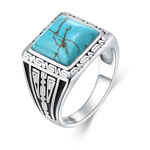 WSX Echter Quadratischer Türkis Ring für Herren 925 Sterling Silber 11MM Natürlicher Echter Edelstein Ring Vintage Western Schmuck für Ihn Ehemann Größe T1/2 von WSX
