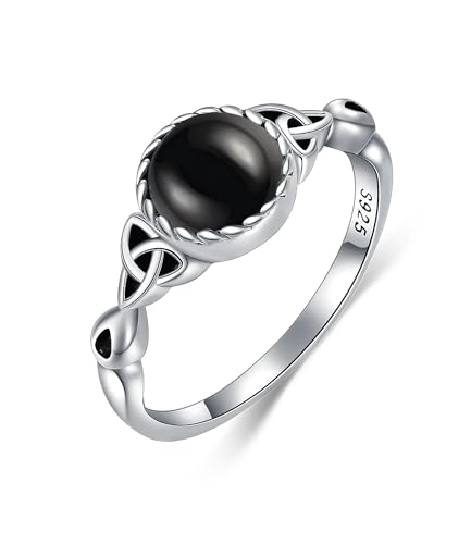WSX Echter Schwarz-Onyx Celtic Knot Ringe für Damen 925 Sterling Silber Zarter Runder Edelsteinring Schmuck für Mutter Ehefrau Jubiläum Größe M von WSX