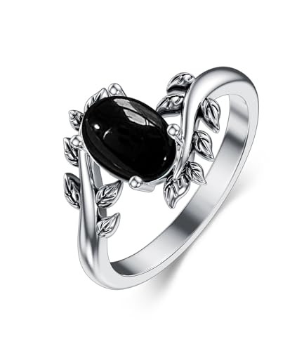 WSX Echter Schwarz Onyx Damenring, Western Oval Edelstein Schmuck 925 Sterling Silber Blatt Bohemian Boho für Sie Ehefrau Mutter Größe Q von WSX