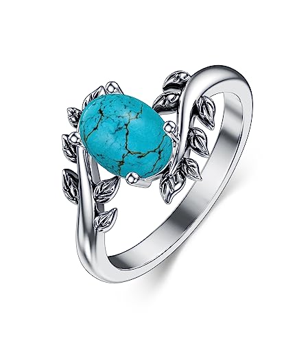 WSX Echter Türkis Damenring, Western Oval Edelstein Schmuck 925 Sterling Silber Blatt Bohemian Boho für Sie Ehefrau Mutter Größe S von WSX