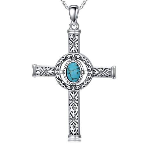 WSX Echter Türkis Kreuz Anhänger Halskette Sterlingsilber Natur-Edelstein Dezember Geburtsstein Türkis Schmuck Geschenk für Frauen Freundin Geliebte von WSX
