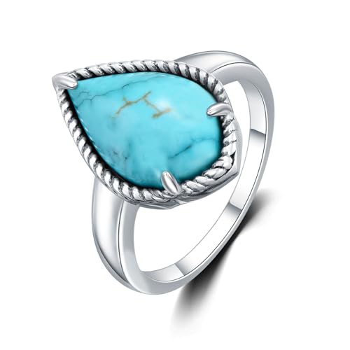 WSX Echter Türkis Ring Schmuck für Damen Großer Tränenförmiger Edelstein 925 Sterling Silber Ring für Ihre Ehefrau Größe S von WSX