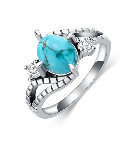 WSX Echter Türkis Ring für Damen 925 Sterling Silber Ovaler Edelstein Boho Ring Schmuck für Sie Native American Stil Größe M von WSX