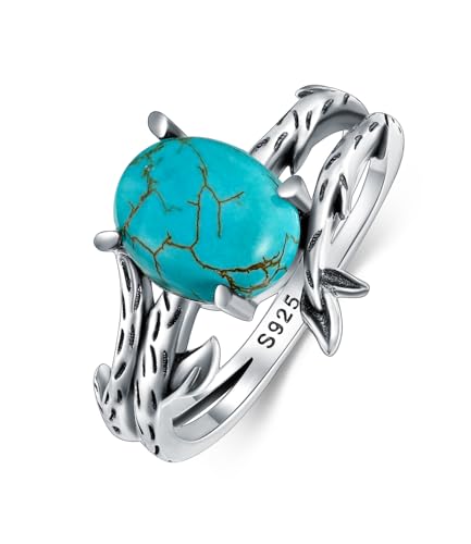 WSX Echter Türkis Ring für Damen 925 Sterling Silber mit Echtem Ovalem Edelstein Vintage Boho Stil Ring Schmuck für Sie Größe O von WSX