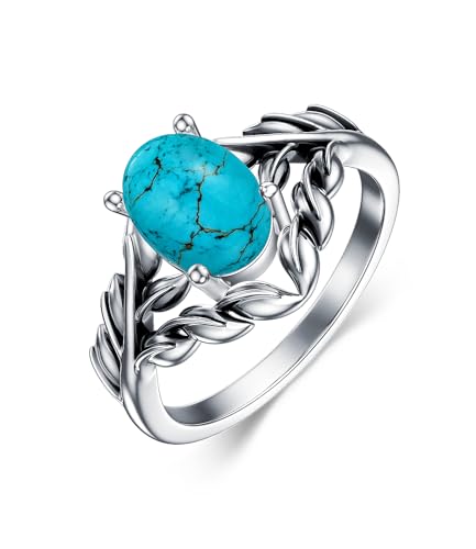 WSX Echter Türkis Ring für Damen Ovaler Stein Zarter Schmuck 925 Sterling Silber mit Blatt für Ihre Ehefrau Größe O von WSX