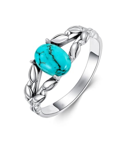 WSX Echter Türkis Ring für Damen Vintage 925 Sterling Silber Oval Authentischer Edelstein Blatt Boho Ring Schmuck Größe Q von WSX