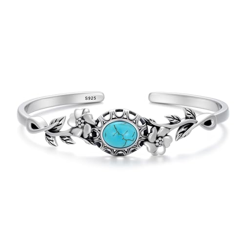 WSX Echter Vintage Türkis Armband 925 Sterling Silber Boho Blumen Design Oval Verstellbarer Cuff Bangle Native American Schmuck für Damen, passt für 6,5 bis 7,5 Zoll WSX Echter Vintage Türkis Armband 925 Sterling Silber Boho Blumen Design Oval Verstellbarer Cuff Bangle Native American Schmuck für Damen, passt für 6,5 bis 7,5 Zoll von WSX