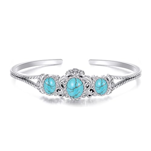 WSX Echter Vintage Türkis Armband 925 Sterling Silber Boho Blumen Design Verstellbarer Cuff Bangle Native American Schmuck für Damen, passt für 6,5 bis 7,5 Zoll WSX Echter Vintage Türkis Armband 925 Sterling Silber Boho Blumen Design Verstellbarer Cuff Bangle Native American Schmuck für Damen, passt für 6,5 bis 7,5 Zoll von WSX