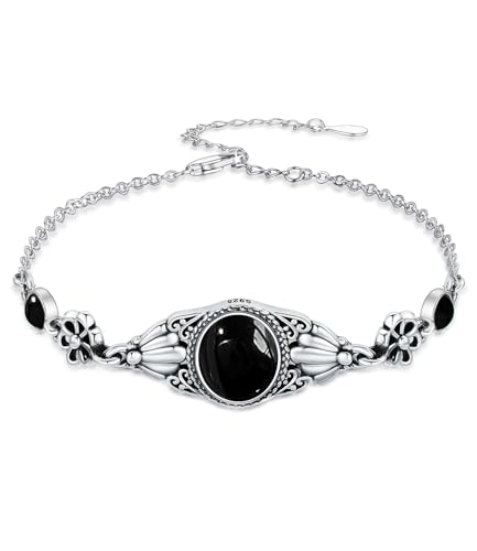WSX Echtes Schwarz Onyx Armband Damen Native American Verstellbarer Boho Stil 925 Sterling Silber Western Schmuck 6,5 bis 7,5 Zoll von WSX