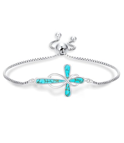 WSX Echtes Türkis Kreuz Armband Damen 925 Sterling Silber Unendlichkeit Verstellbar Grünes Armband mit Natürlichem Edelstein für Sie Ehefrau Mutter von WSX