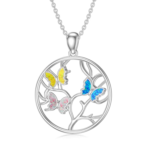 WSX Familienbaum mit 1-3 Schmetterling Opal Anhänger Halskette, Sterling Silber Geburtstagsgeschenk für Mama Ehefrau Freundin Oma 2 von WSX