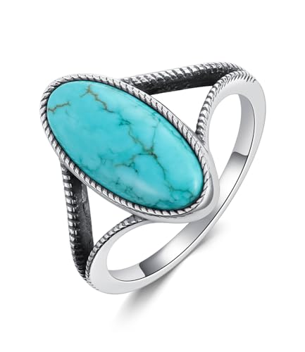 WSX Große Authentische Türkisringe Damen 925 Sterling Silber Echter Native American Schmuck Vintage Boho Stil Ovale Ringe für Mutter Ehefrau Größe M von WSX