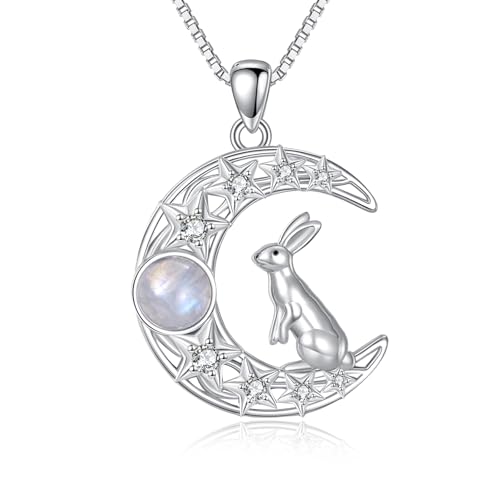 WSX Halbmond und Hasen Halskette für Damen 925 Sterlingsilber Echter Mondstein Anhänger Mystischer Heilstein Geburtstagsgeschenk von WSX