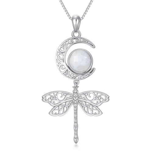 WSX Halbmond und Libellen Halskette für Damen 925 Sterlingsilber Echter Mondstein Anhänger Mystischer Heilstein Geburtstagsgeschenk von WSX