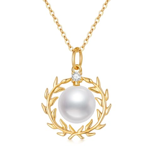 WSX Halskette mit Blätterperlenanhänger aus massivem 14-karätigem Gelbgold für Damen/Mütter – Süßwasser-Zuchtperlenkette mit 8 mm – Schmuckgeschenk zum/Muttertag WSX Halskette mit Blätterperlenanhänger aus massivem 14-karätigem Gelbgold für Damen/Mütter – Süßwasser-Zuchtperlenkette mit 8 mm – Schmuckgeschenk zum/Muttertag von WSX