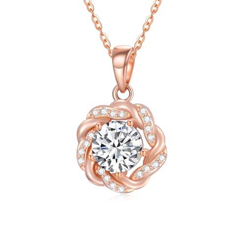 WSX Halskette mit Blumenknoten-Anhänger aus massivem 14-karätigem Roségold mit 1-karätigem Moissanit-Mittelstein, Rosenherz-Anhänger, Schmuckgeschenk für Mutter/Ehefrau/Freundin, 16+2 Zoll WSX Halskette mit Blumenknoten-Anhänger aus massivem 14-karätigem Roségold mit 1-karätigem Moissanit-Mittelstein, Rosenherz-Anhänger, Schmuckgeschenk für Mutter/Ehefrau/Freundin, 16+2 Zoll von WSX