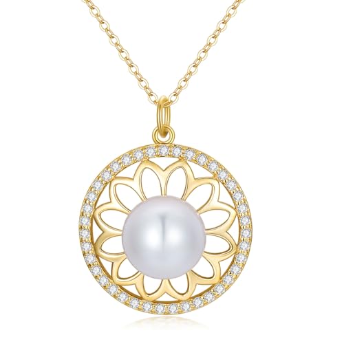 WSX Halskette mit Blumenperlenanhänger aus massivem 14-karätigem Gelbgold für Damen/Mütter – Süßwasser-Zuchtperlenkette mit 9 mm – Schmuckgeschenk zum/Muttertag WSX Halskette mit Blumenperlenanhänger aus massivem 14-karätigem Gelbgold für Damen/Mütter – Süßwasser-Zuchtperlenkette mit 9 mm – Schmuckgeschenk zum/Muttertag von WSX