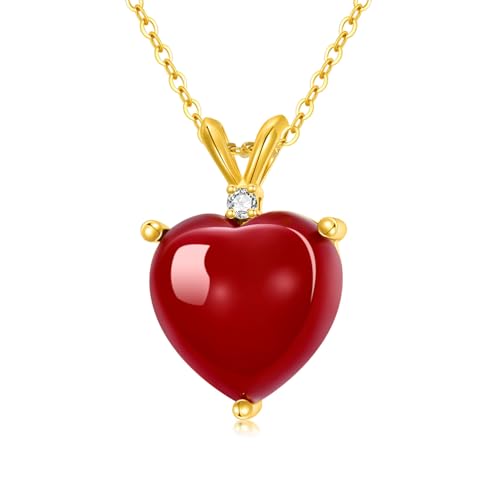 WSX Halskette mit Herzanhänger aus massivem 14-karätigem Gelbgold mit rotem Achat, Schmuck zum Muttertag und Geburtstag von WSX