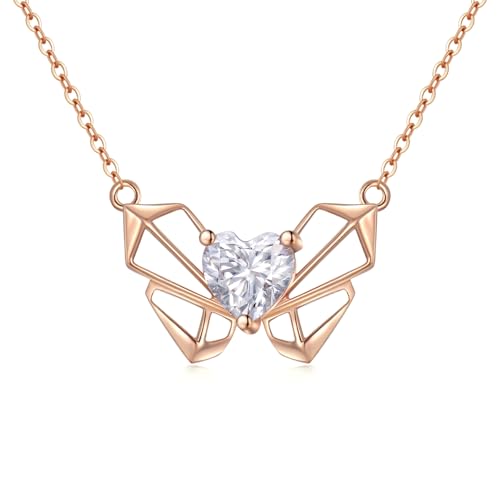 WSX Halskette mit Schmetterlingsanhänger aus massivem 14-karätigem Roségold mit 1-karätigem Moissanit-Mittelstein, Schmuckgeschenk für Mutter/Ehefrau/Freundin, 16+2Zoll WSX Halskette mit Schmetterlingsanhänger aus massivem 14-karätigem Roségold mit 1-karätigem Moissanit-Mittelstein, Schmuckgeschenk für Mutter/Ehefrau/Freundin, 16+2Zoll von WSX