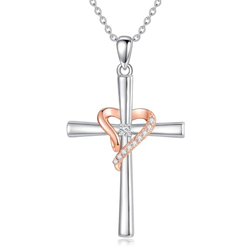 WSX Halskette mit herzförmigem Diamantkreuzanhänger (0,08 Karat) für Damen, Sterlingsilber, echter Diamantkreuzanhänger. von WSX