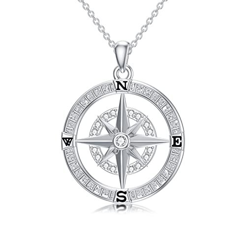 WSX Halskette mit natürlichem Diamantkompassanhänger (0,12 Karat) für Frauen, Sterlingsilber, nautische Reisekette, Geschenk zum Schulabschluss. von WSX