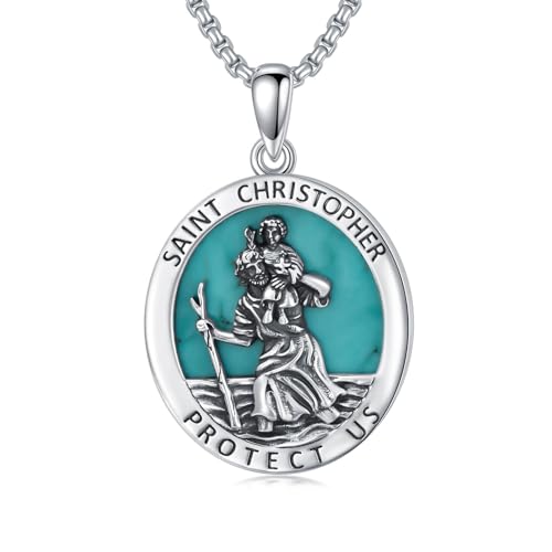 WSX Heiliger Christopherus Halskette mit Echtem Türkis Sterlingsilber Amulett Schmuck für Männer Religiöses Geschenk für Weihnachten St. Christopherus Anhänger Geschenk von WSX